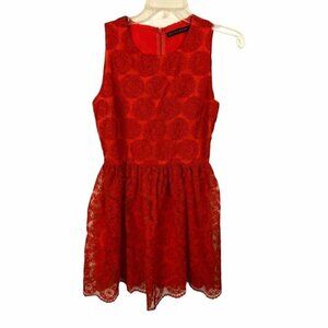 🛒 $12 - ZARA Red Flared Floral Embroidered Lace Mini Summer Dress #4145